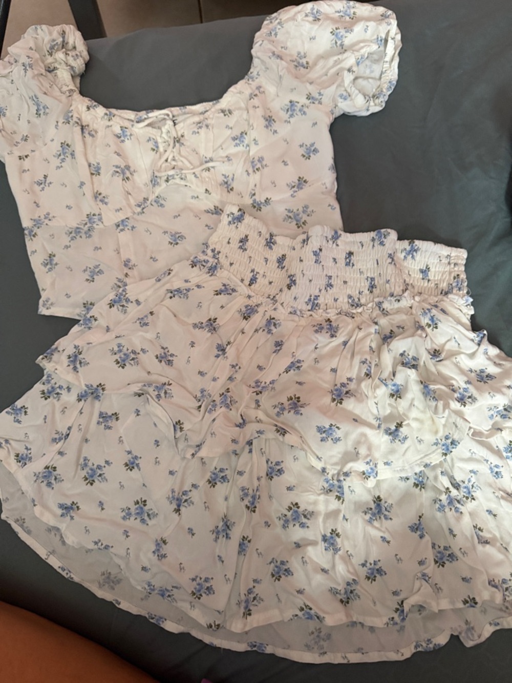 Hollister Cream Floral Smocked Two-Piece Set with Blue Print